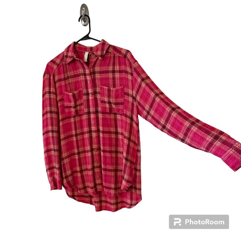 Pilcro Anthropologie Pink Plaid Pockets Crinkle Tunic Button Collared‎ Top XS - Picture 6 of 12